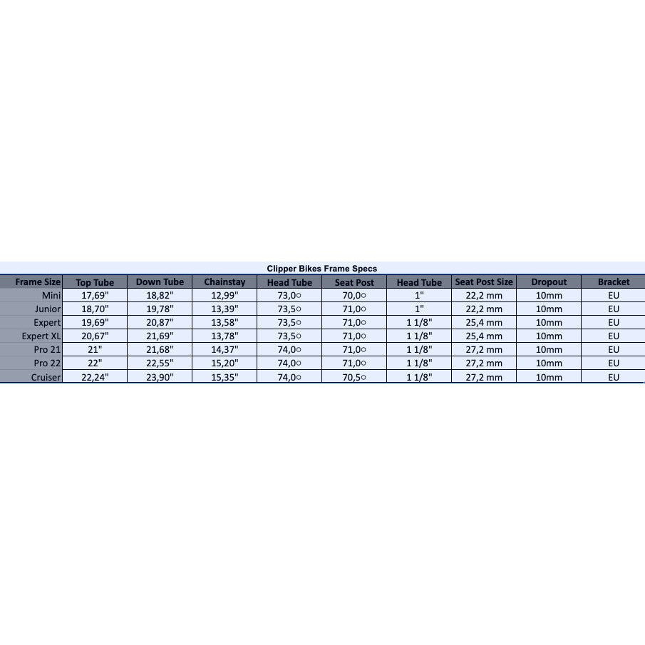 A table showcasing the sizes of Meybo Clipper Disc Mini Bikes (2024), equipped with hydraulic disc brakes.