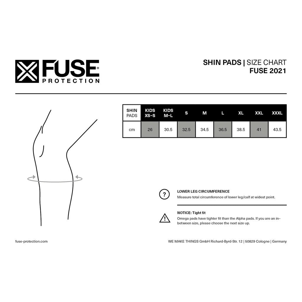 Fuse Omega Shin Whip Pads size chart for 2021, now featuring breathable Lycra and SAS-TEC inserts. Includes measurements in centimeters for sizes Kids XS-S to XXXL and instructions for lower leg circumference measurement.