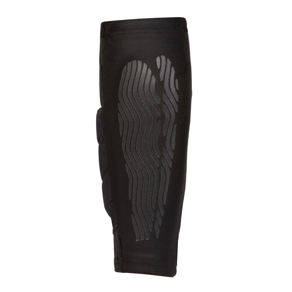 Black Fuse Omega Shin Whip Pads with a textured pattern on the side, featuring breathable Lycra for enhanced comfort.