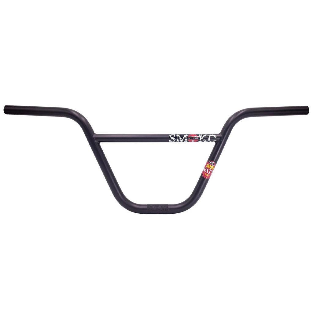 The BMX-style black handlebar, featuring a crossbar and graphic decals on the center and right side, is crafted from heat-treated chromoly for enhanced durability. These signature bars are similar in style and performance to the Volume Jason Watts Smoko Bar.