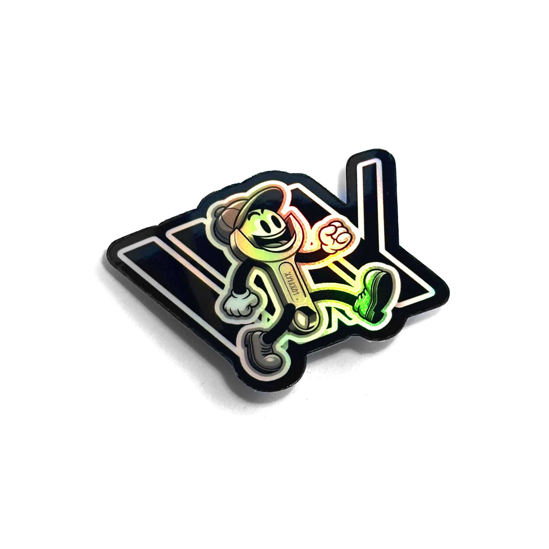 Introducing the LUXBMX Spannerman Holo Sticker: a vibrant sticker showcasing a cartoon character in a cap and boots, captured in a whimsical walking stance, all set against a holographic vinyl backdrop for an added touch of sparkle.