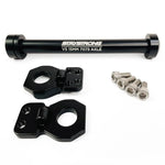 The STAYSTRONG V5 7075 Through Axle Kit (15mm) in black includes two black mounting brackets and five silver screws, all crafted from durable 7075 aluminum, displayed on a white background.