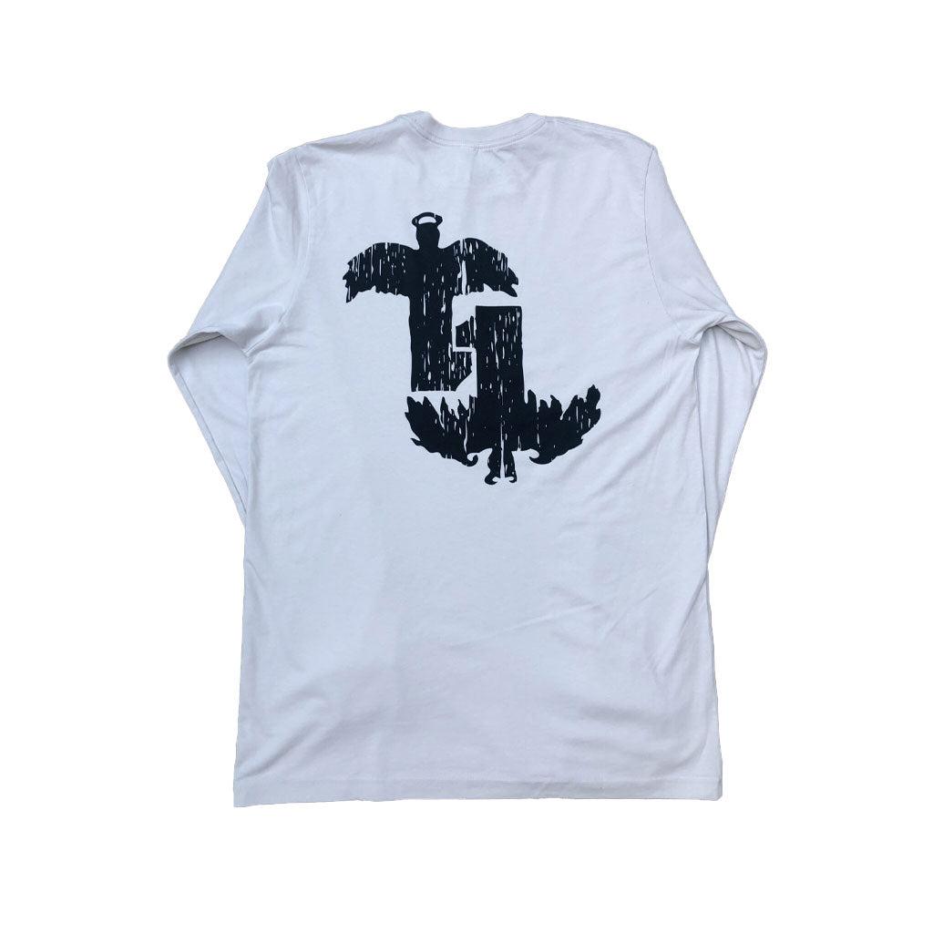 Terrible One All Is One LS T-Shirt: A white long-sleeve shirt featuring a black abstract BMX figure and wings design on the back, highlighting edgy style and T1 brand support.