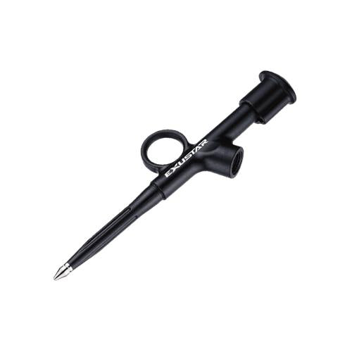 The Exustar Grease Gun E-T005+ features a unique thermoplastic design with a finger grip for one-handed use and is branded with "Exustar" on the side.