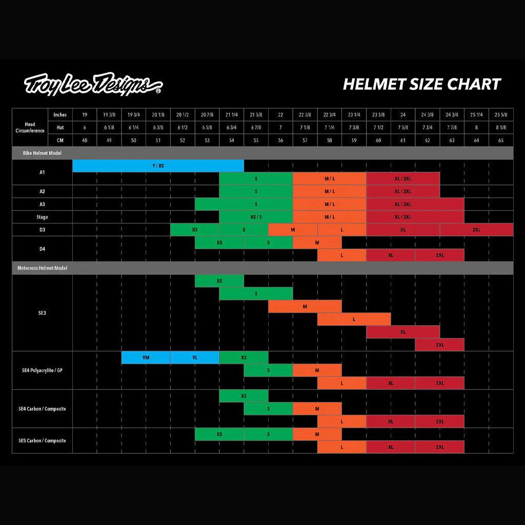 A helmet size chart from Troy Lee Designs, featuring the lightweight composite design of the TLD 23 D3 AS Fiberlite Helmet Slant Grey, displays various models in rows and head circumferences (cm) in columns alongside corresponding size recommendations. Perfect for BMX racers seeking optimal fit and performance.