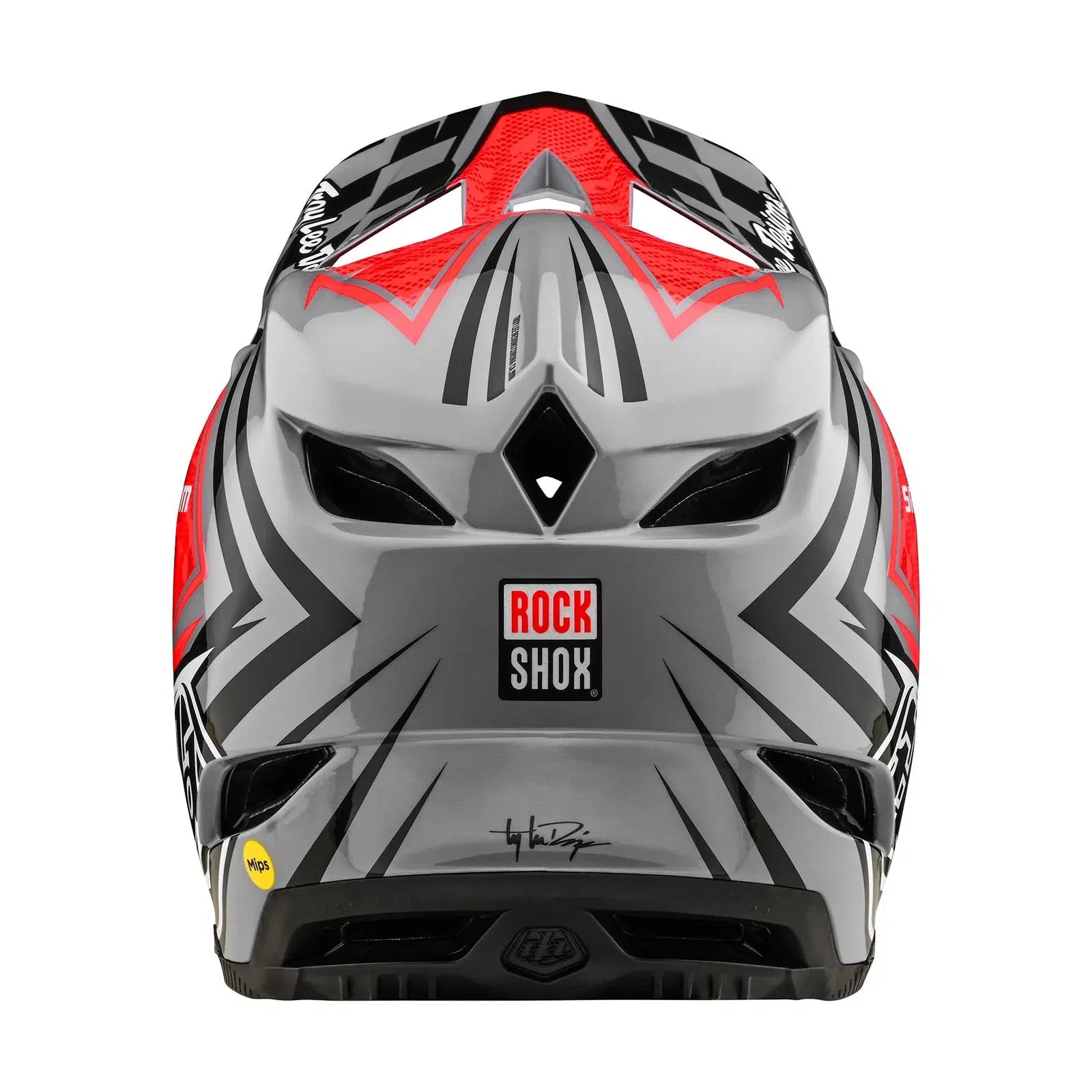 A grey and red TLD D4 Carbon AS Helmet on a white background.