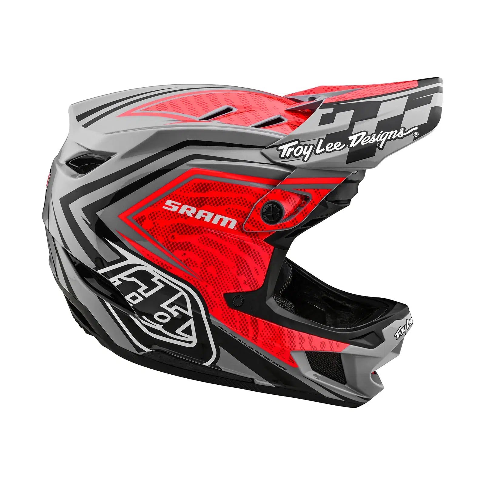 A TLD D4 Carbon AS Helmet W/MIPS SRAM Red / Black  with a checkered design on it.