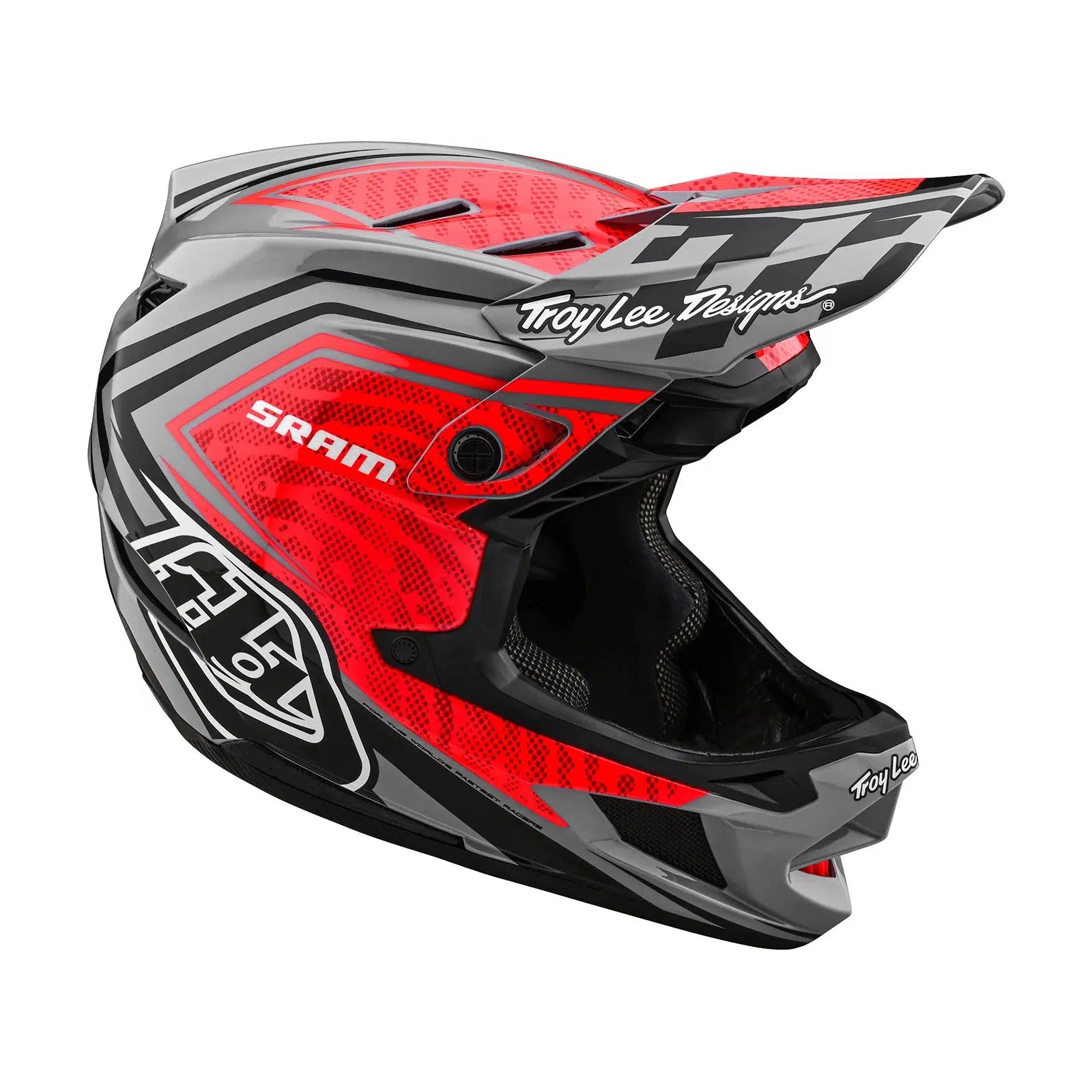 A TLD D4 Carbon AS Helmet W/MIPS SRAM Red / Black with a red and black design.