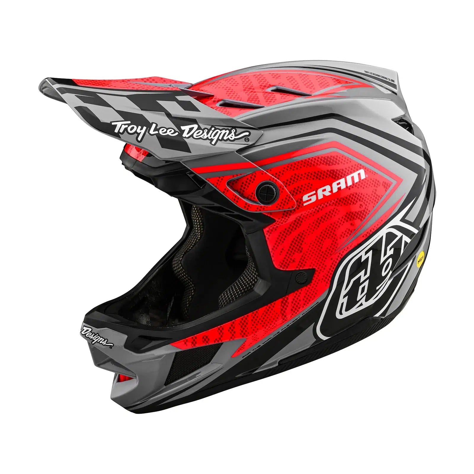 A TLD D4 Carbon AS Helmet W/MIPS SRAM Red / Black with a red and black design.