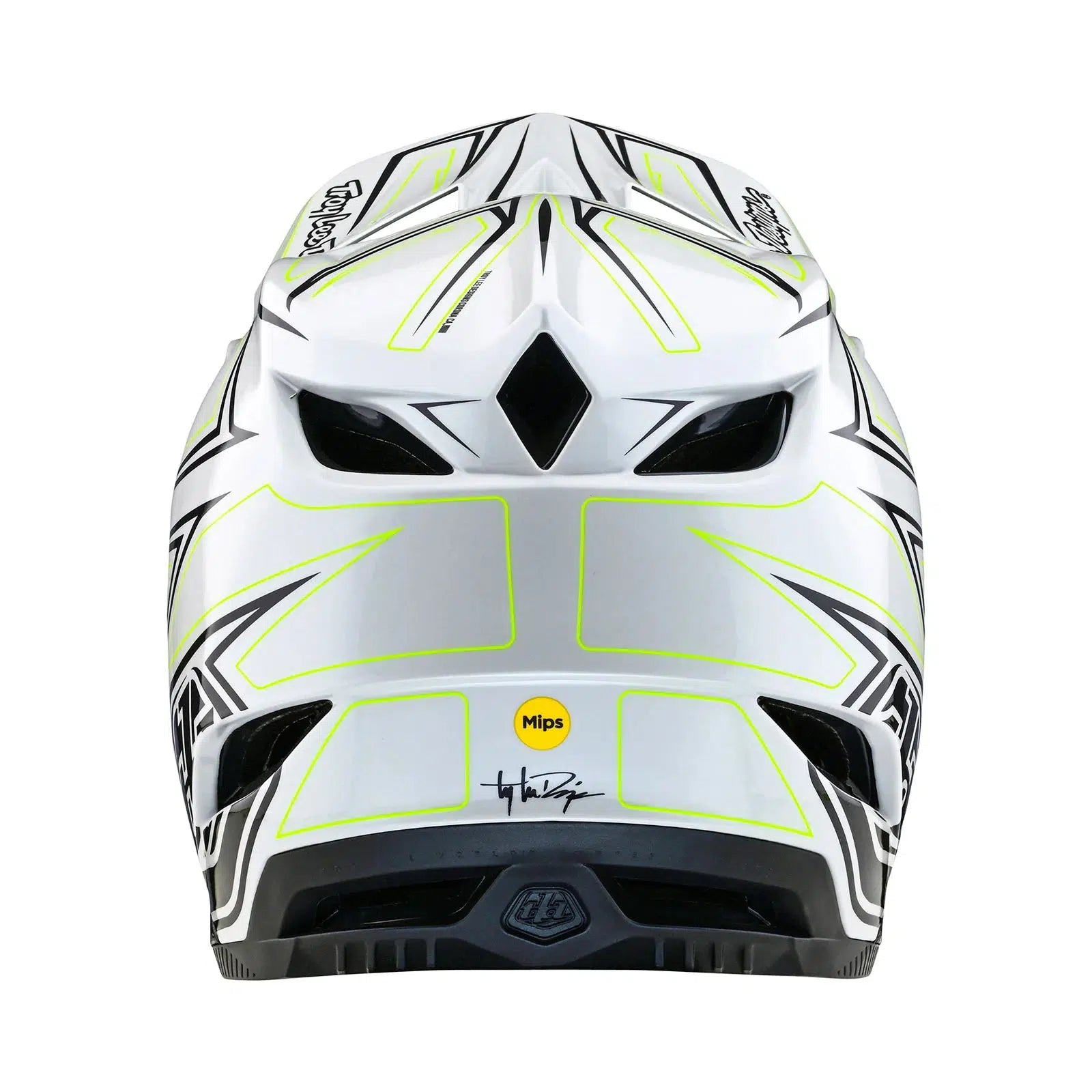 A white and yellow TLD D4 AS Composite Helmet W/MIPS Pinned Light Grey on a white background.