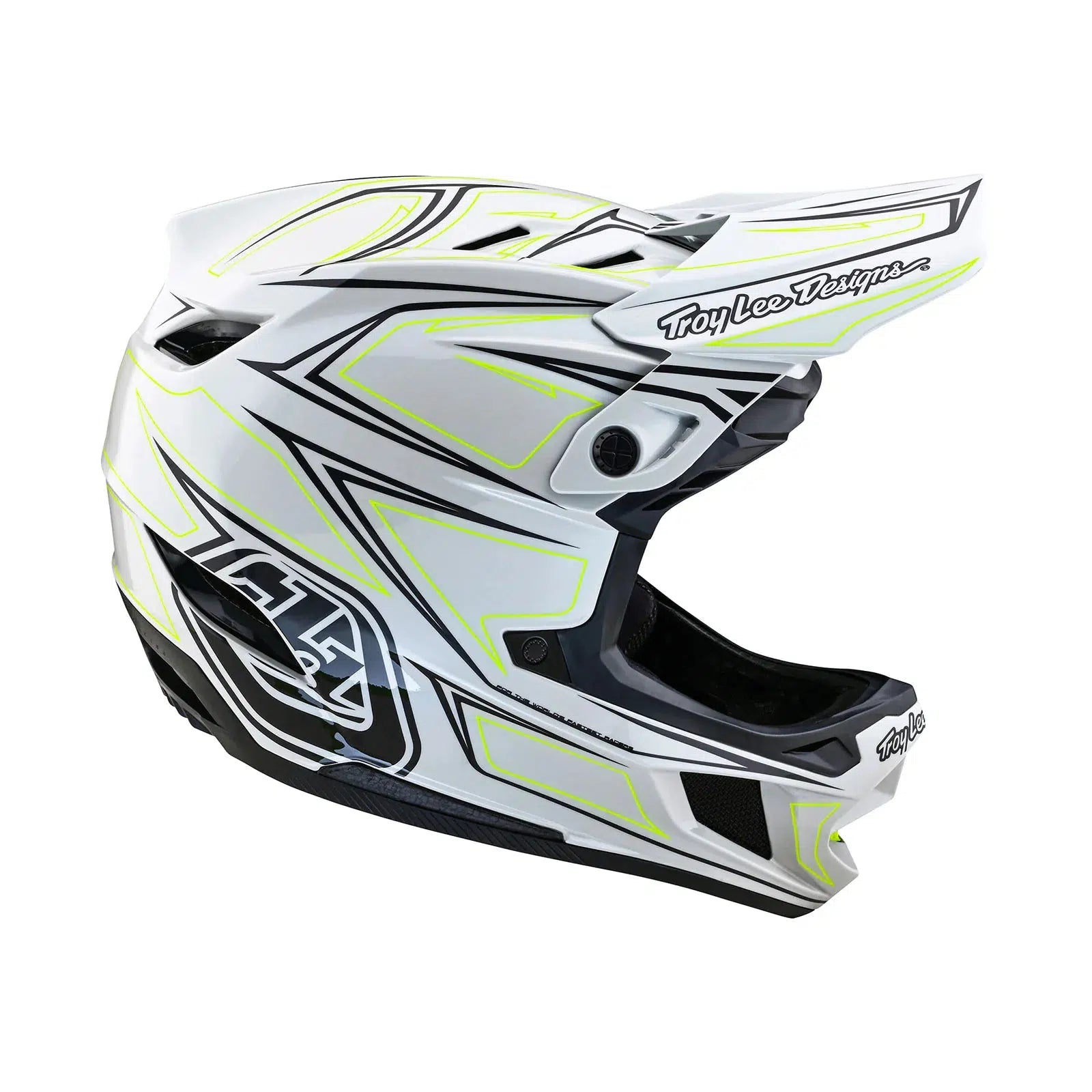 A TLD D4 AS Composite Helmet W/MIPS Pinned Light Grey with a white and yellow design featuring the Mips C2 protection system.