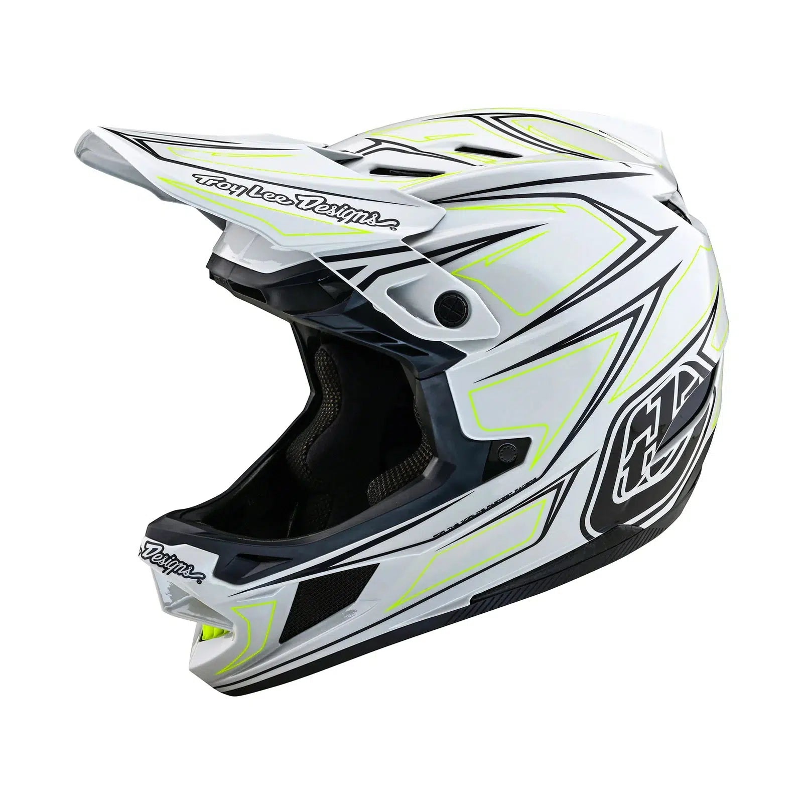 A white and yellow TLD D4 AS Composite helmet with a Mips C2 protection system on a white background.