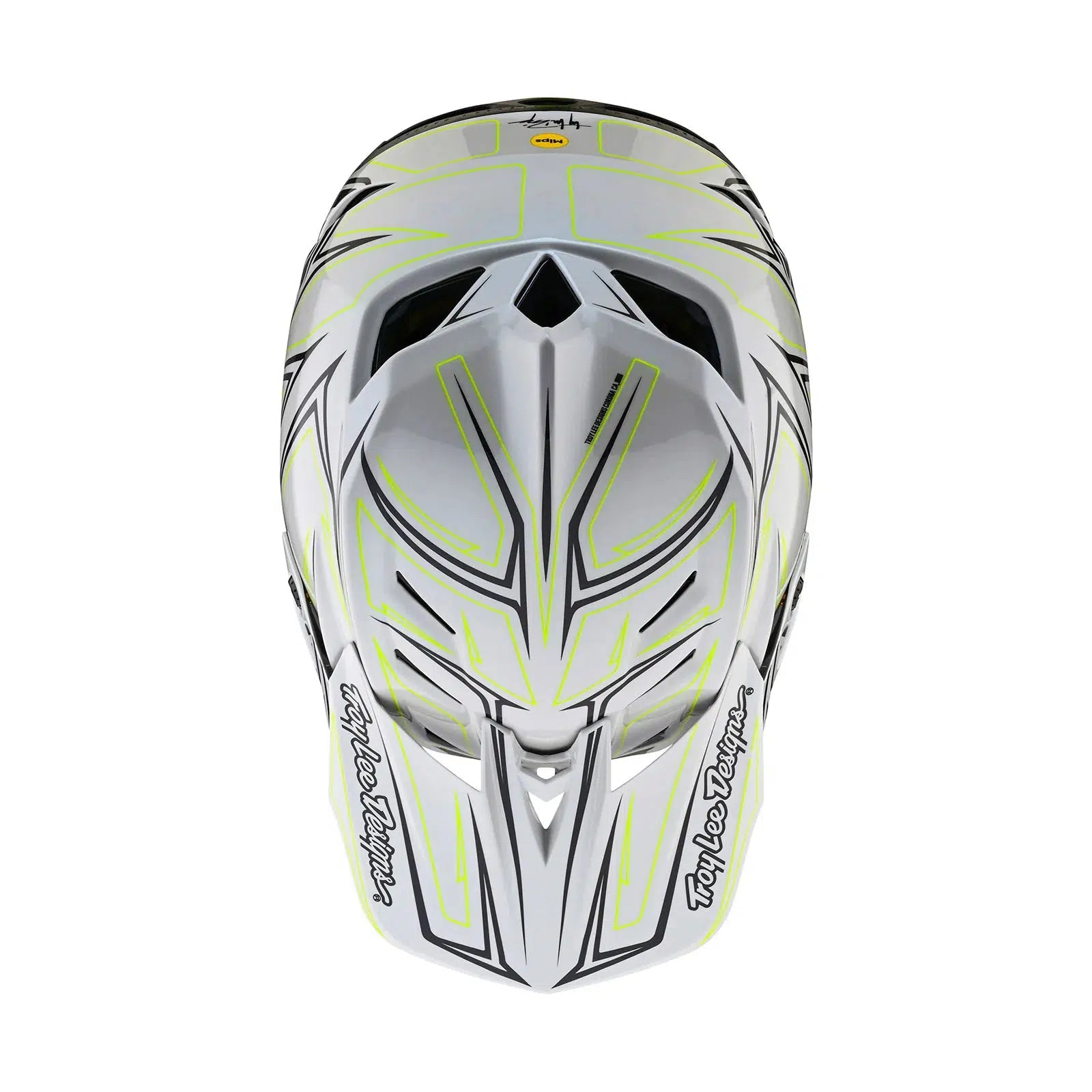 A white and yellow TLD D4 AS Composite helmet on a white background.