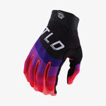 A single lightweight, TLD Air Glove Wavez Reverb Black/Glo Red full-finger cycling glove with a black and purple design and logo on the back, featuring a single-layer perforated palm.