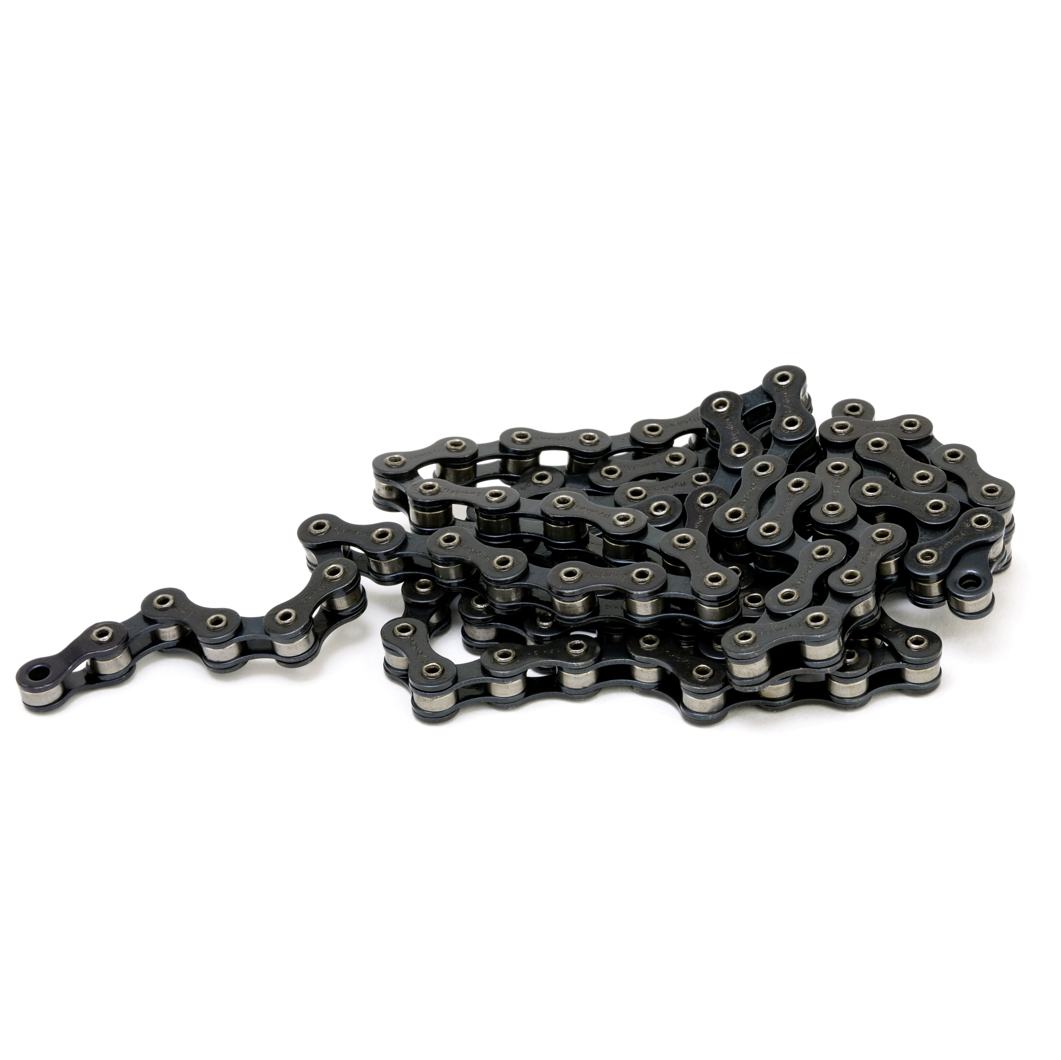 Close-up of the Fly Bikes Tractor Chain showcases its coiled, minimalist design with sleek 1.3mm plates against a white background.