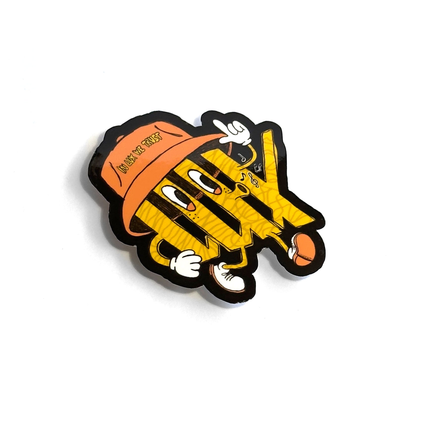 This illustration showcases a cartoon character shaped like the letters "OAK," wearing a stylish orange cap with "OAKLAND ROOTS" inscribed on it. Donning sneakers and gloves, this vibrant character is perfect as the LUXBMX Whistling Logo Sticker, offering a waterproof vinyl design to bring personality and flair to any of your belongings.