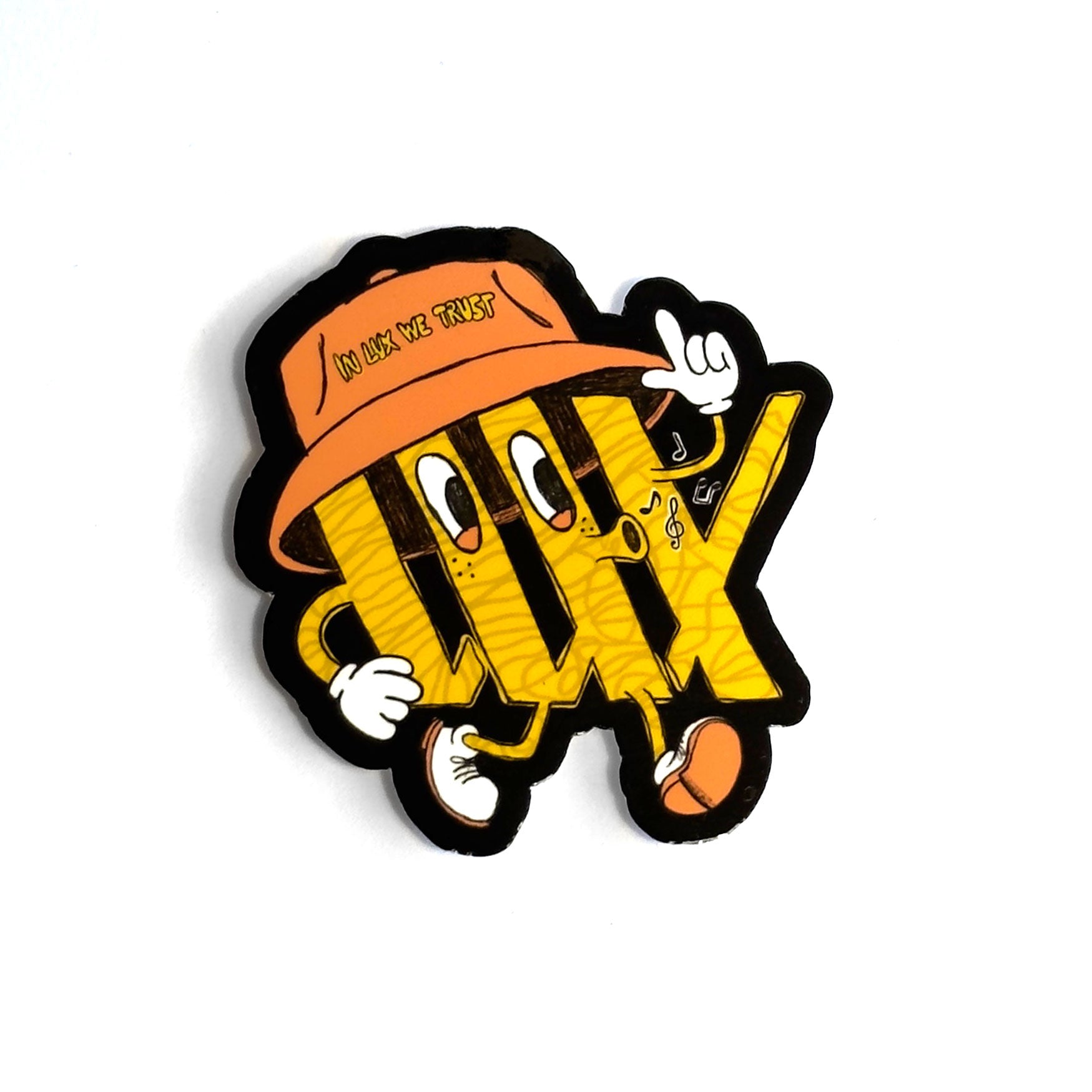 The LUXBMX Whistling Logo Sticker features a cartoon character creatively shaped from the word "Love," complete with an orange hat and shoes, holding up a finger. This distinctive design captures the playful essence of LUXBMX and is made from durable, waterproof vinyl, making it ideal for any adventure.