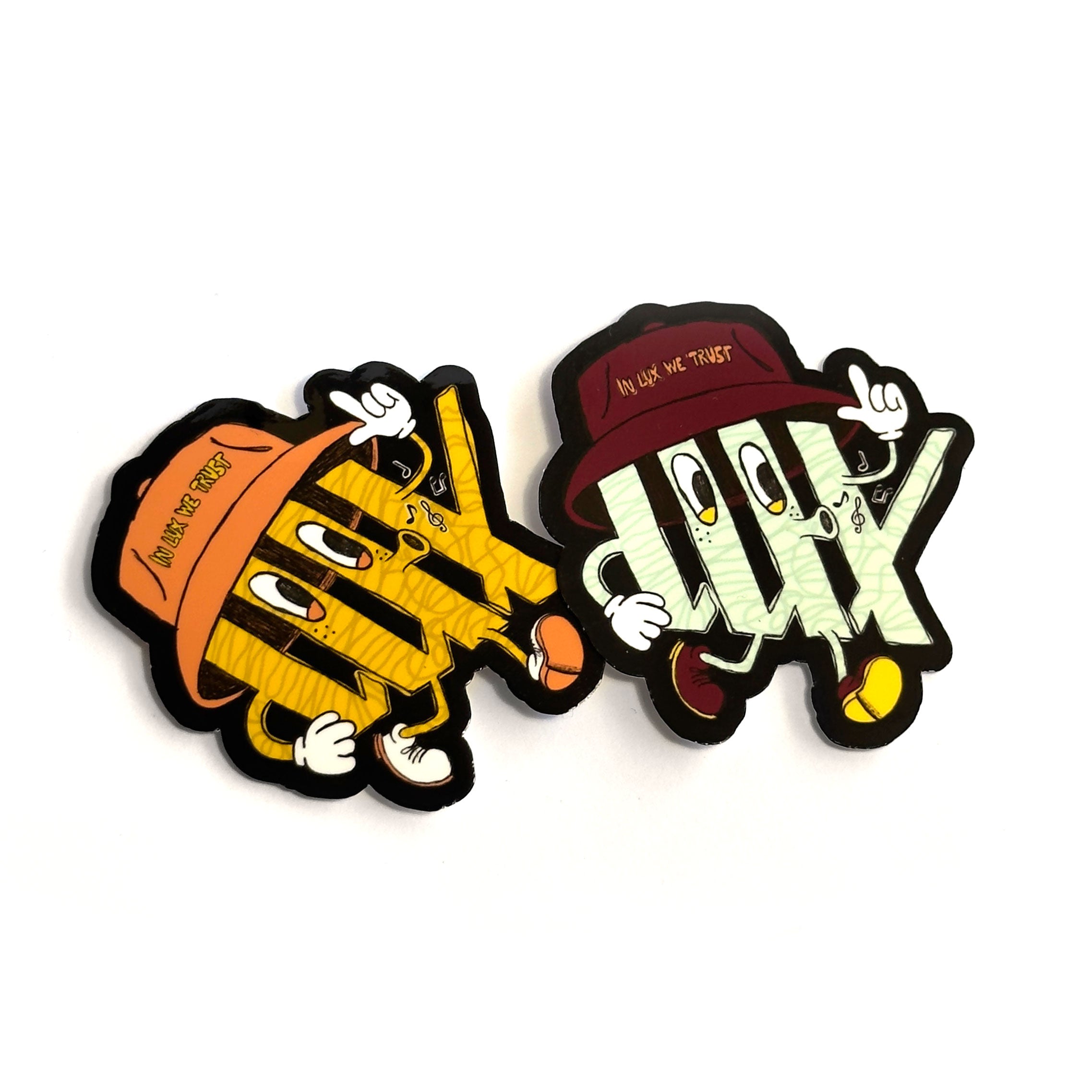 The LUXBMX Whistling Logo Sticker features two eye-catching cartoon characters in hats and sneakers, emblazoned with "LUXBMX" on their bodies. Crafted from waterproof vinyl, these orange and gray figures add a playful touch to any surface.