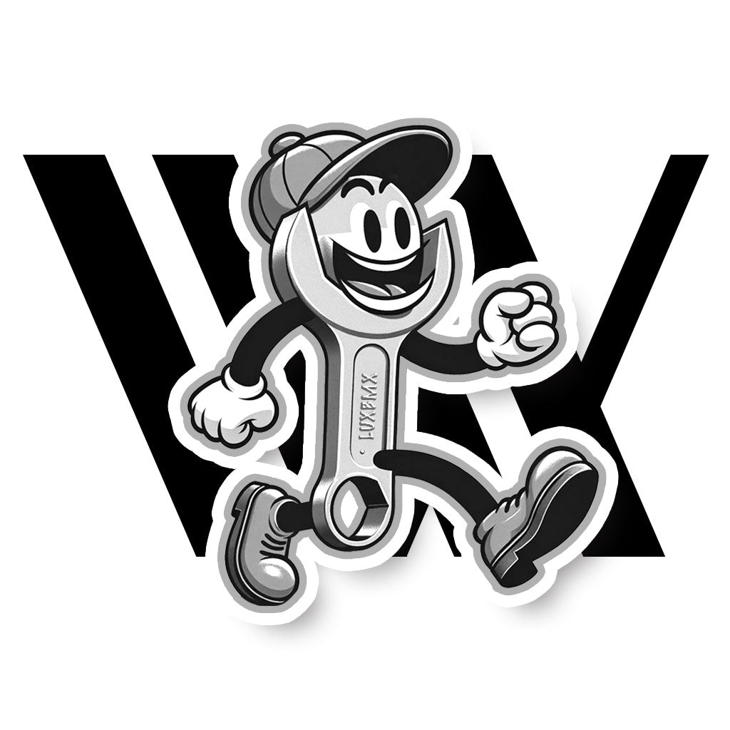 Black-and-white illustration of a cartoon character with a wrench for a body, wearing a cap, gloves, and shoes, walking energetically in front of overlapping letters "W" and "X" (Workshop) WKSP - Frame Swap / Race / Disc Brakes.