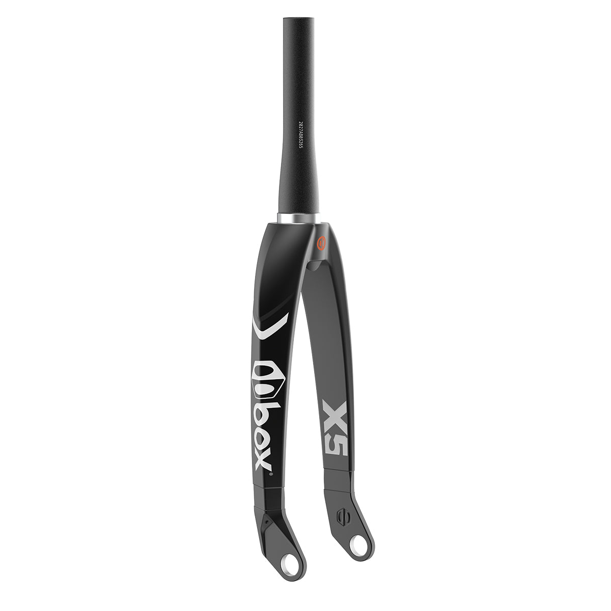 The Box One X5 Pro 24 Inch 20mm Tapered Carbon Fork is ideal for BMX racing. It features a black and silver design with "Box" and "X5" branding, has a smooth finish, two bottom mounting holes, and is made from carbon fiber for increased strength.