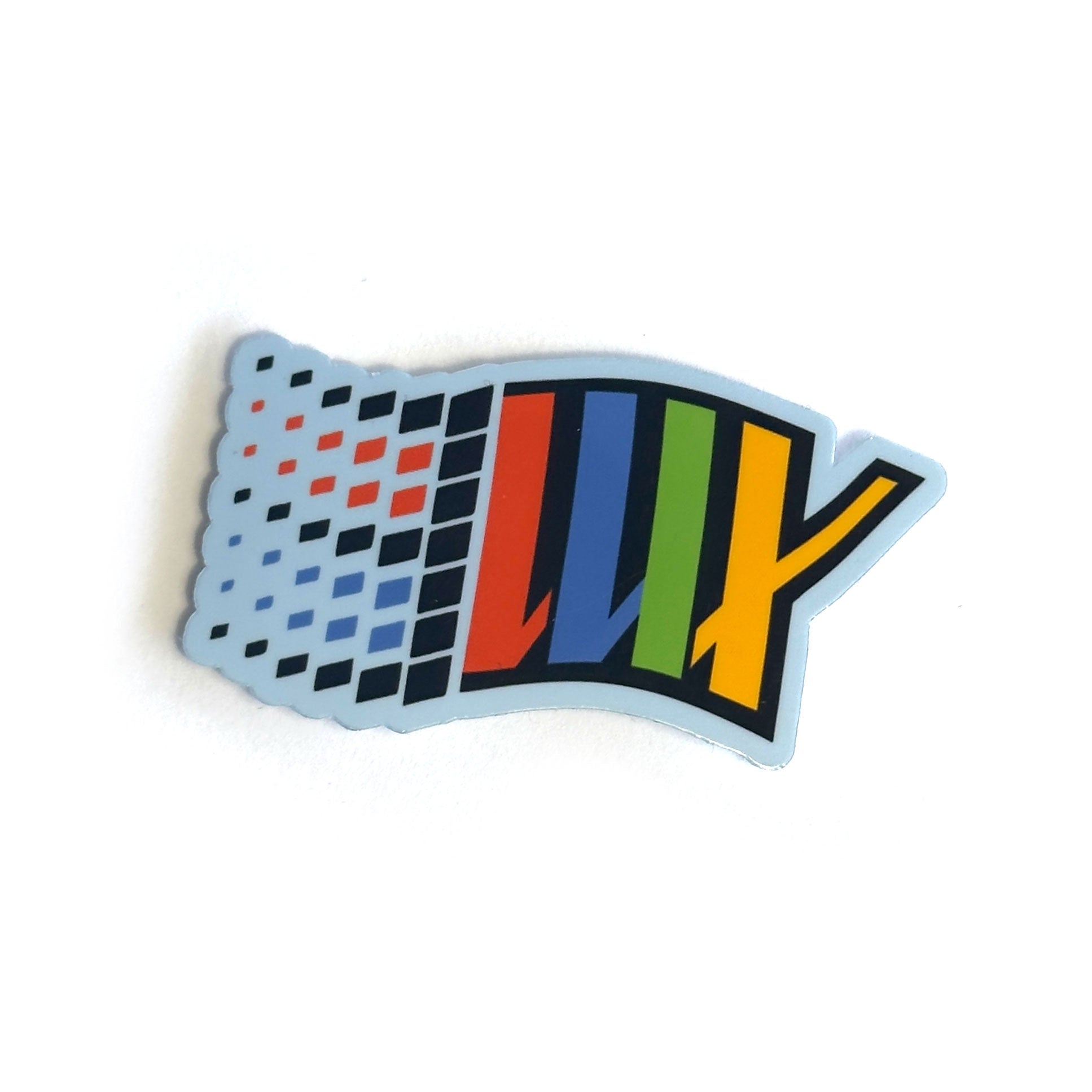 A waterproof vinyl LUXBMX Y2K Sticker featuring a stylized flag design with colorful geometric shapes and patterns on a white background. Ideal for Mitch Wood fans or LUXBMX enthusiasts looking for vibrant decor.