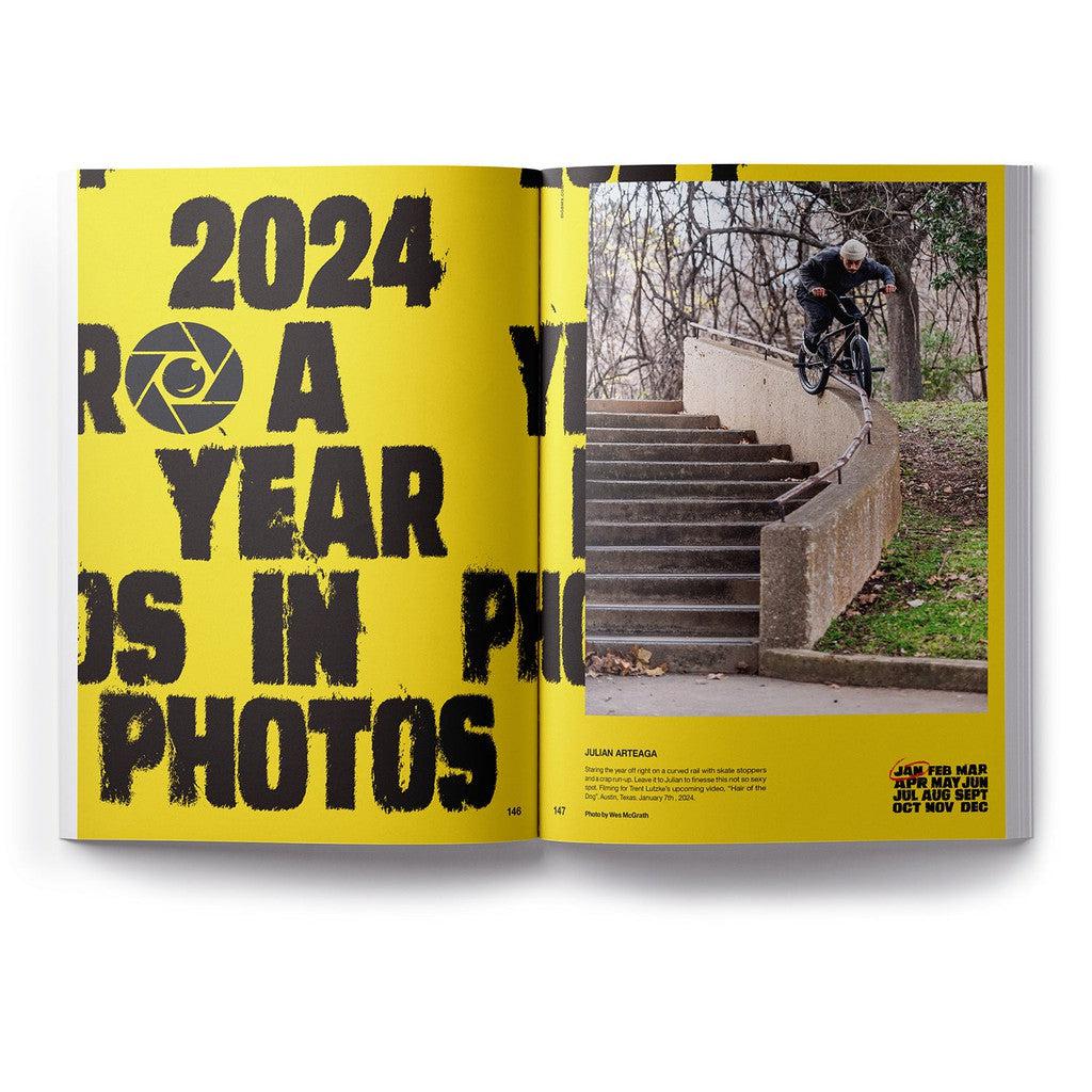 Open magazine spread with "DIG Book 2024 - Photo Annual" on the left page. Right page displays a person biking down stairs next to a handrail.