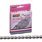 Box of YBN Chain MK 747 BMX Freestyle Track chain with 112 links, sized at 1/2" x 1/8". A section of the hollow plate, single-speed chain is visible below.