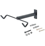 Wall-mounted black horizontal bike rack features a rectangular base, dual hooks, screws, and wall plugs for installation.