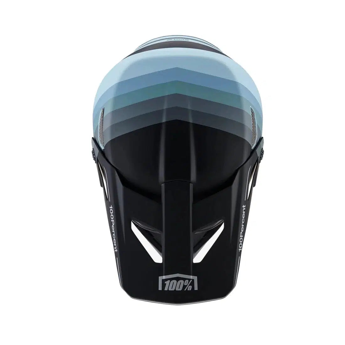 Front view of a black and blue 100% Status Helmet Decline Grey with full-face protection and "100%" branding, featuring a visor at the top.