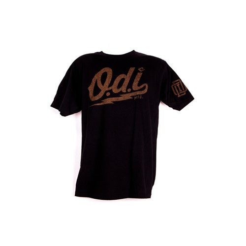 The ODI Heater T-Shirt is a black tee with "Odi Mfg." in stylized brown on the front, crafted from ultra-soft fabric. It includes a small sleeve design, providing comfort and style for riders.