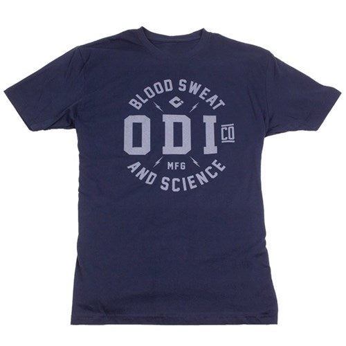 Navy ODI Token T-Shirt with "Blood Sweat and Science ODI Co" in white circular design, made from premium Ring-Spun Cotton Jersey.