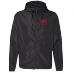 The ODI Heater Windbreaker is a black, lightweight, water-resistant jacket featuring a front zipper and a red logo on the upper left chest, ideal for any weather.