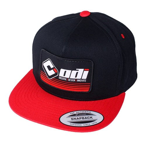 The ODI Fade Hat is a black and red snapback hat with a logo patch featuring "ODI" and the phrase "Observe Design Innovate" prominently on the dome.