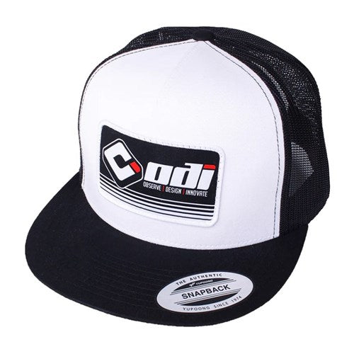 The ODI Fade Hat is a trucker hat with a white front, black mesh back, and features a logo reading "ODI" alongside "Observe Design Innovate." Its snapback design offers a comfortable fit, ideal for style-conscious individuals.