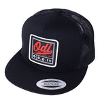 The ODI Heater Hat is a black mesh snapback cap with a flat brim, featuring a square patch on the front with red and white text reading "Odi" and "O.D.I.