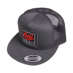 The ODI Heater Hat is a gray snapback with a mesh back and features a front patch displaying "Odi" in red and black, perfect for showcasing ODI pride.