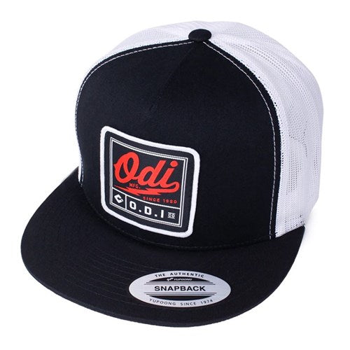 The ODI Heater Hat Snapback cap features a bold red and black "Odi" patch, a sleek white mesh back, and a stylish black brim, making it a must-have item for any fan looking to showcase their pride.