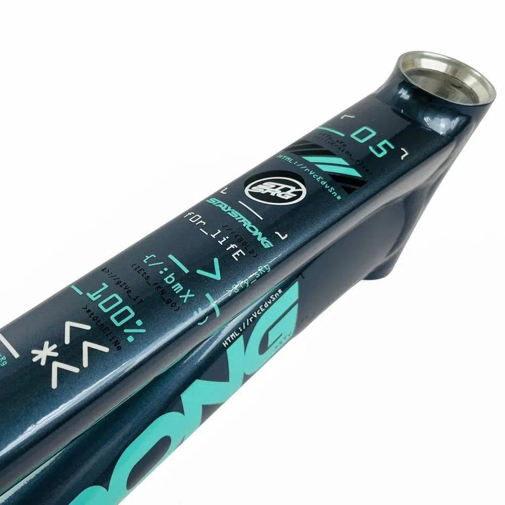 A close-up image of a metallic bicycle frame with blue and teal graphics, featuring brand logos, measurements, and various text and symbols. The Staystrong V5 Disc Expert Frame is crafted from 6061 alloy tubing, making this aluminium race frame both durable and lightweight.