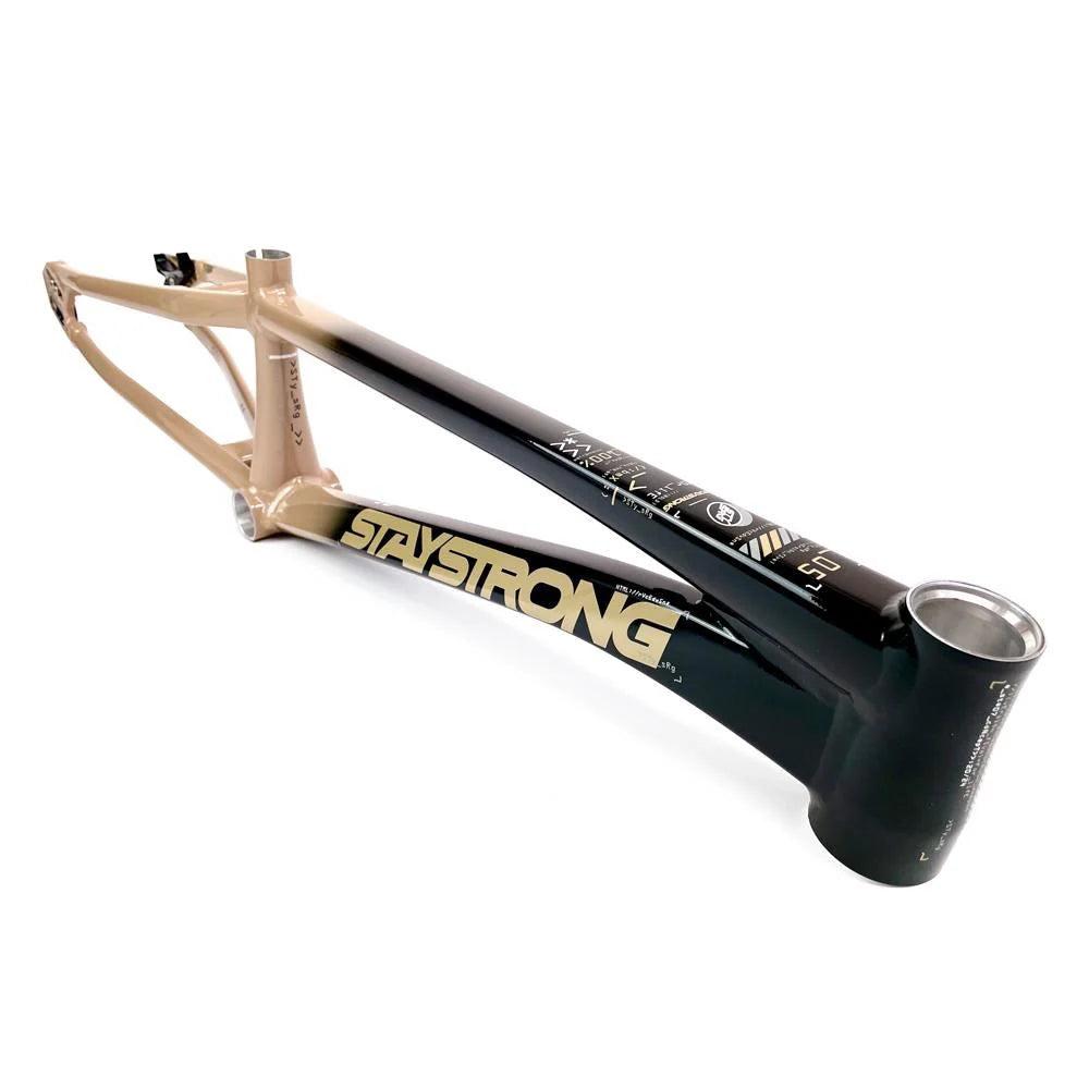 A Staystrong V5 Disc Pro XXXL Frame with a beige and black gradient color scheme, featuring the text "STAY STRONG V5" printed on the side. This aluminium race frame is crafted from 6061 alloy tubing for durability and lightweight performance.