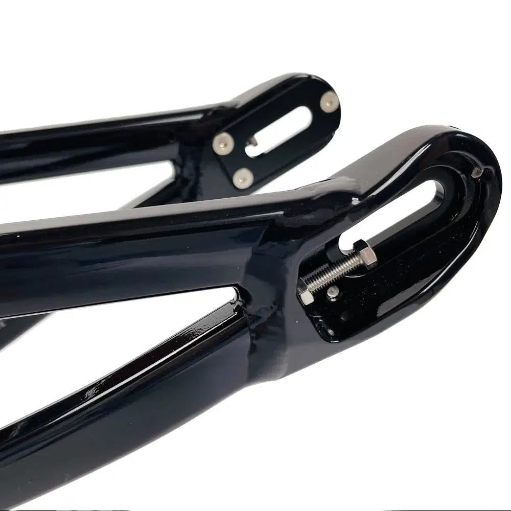 Close-up of two black iron brackets with slot openings and silver screws at one end, expertly designed for the Staystrong V5 Disc Mini Frame.