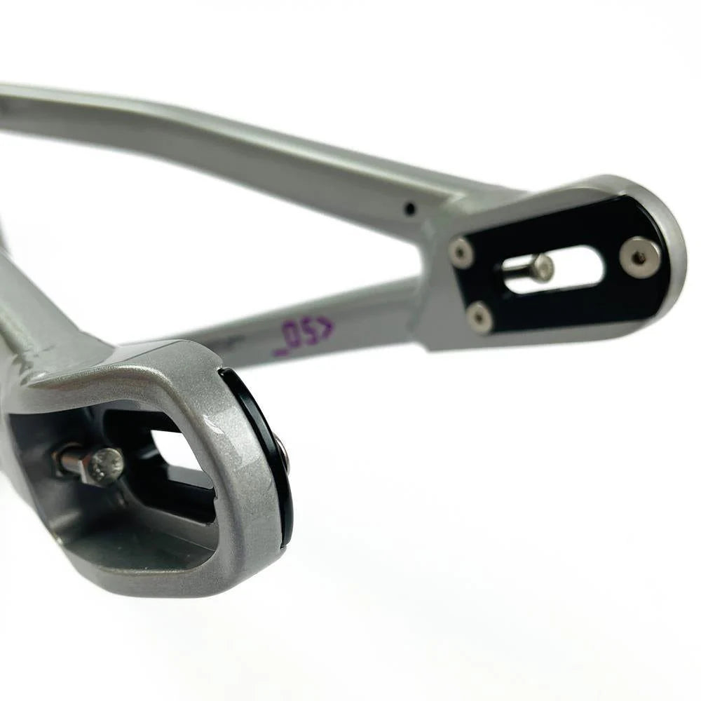 A close-up of a gray Staystrong V5 Disc Mini Frame's rear triangle, highlighting the dropout area with dropout pins visible and the disc brake mount ready for action.