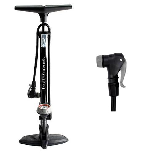 The QBP Air Attack Floor Pump in sleek black alloy/plastic boasts a high-pressure head, convenient pressure gauge, and T-handle for easy grip. Its durable steel barrel ensures longevity, and the innovative twin head valve nozzle is featured in a separate close-up.