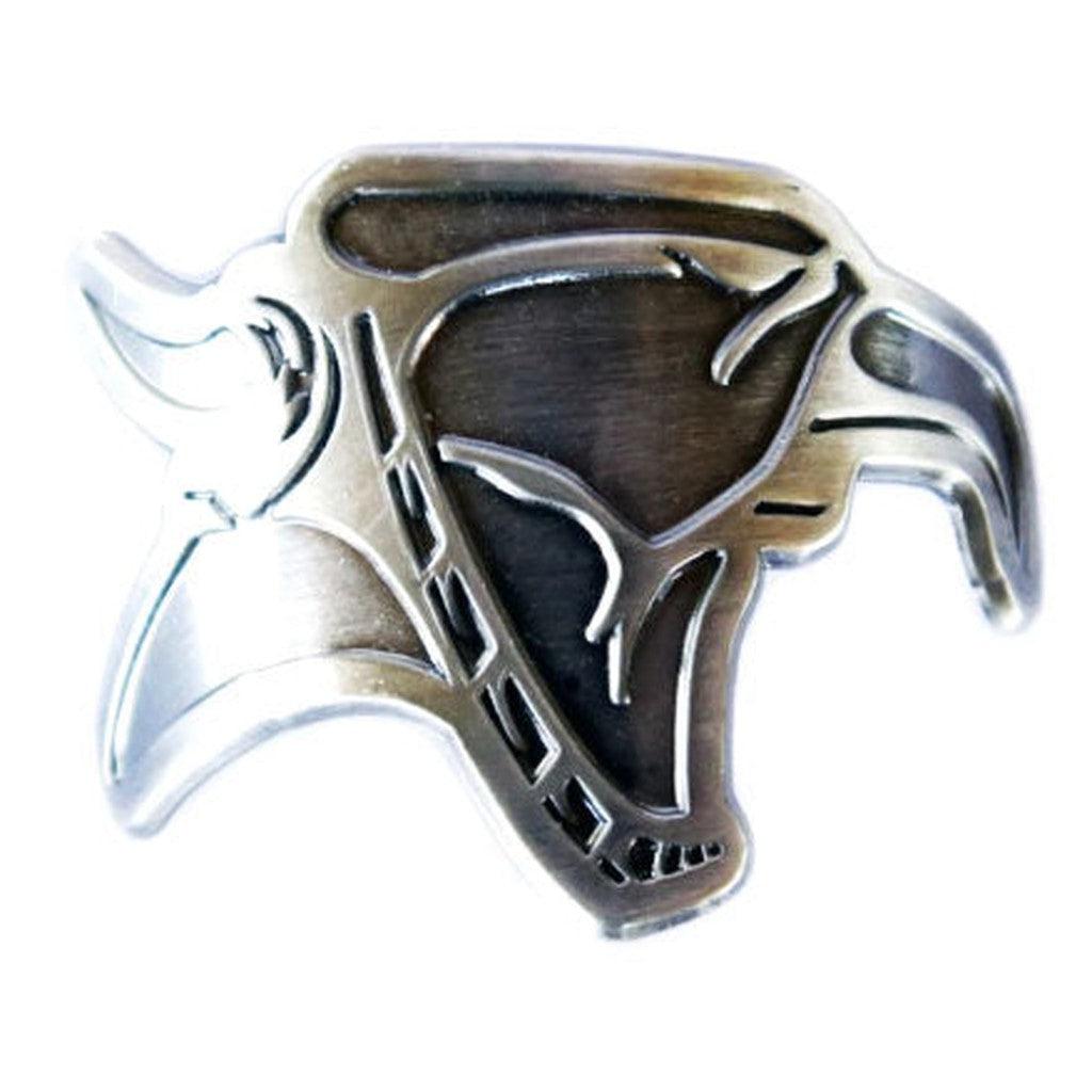 Close-up of a metallic abstract bull head emblem with intricate cut-out details; an original design that stands out, perfect for Animal Head Tube Badge apparel.