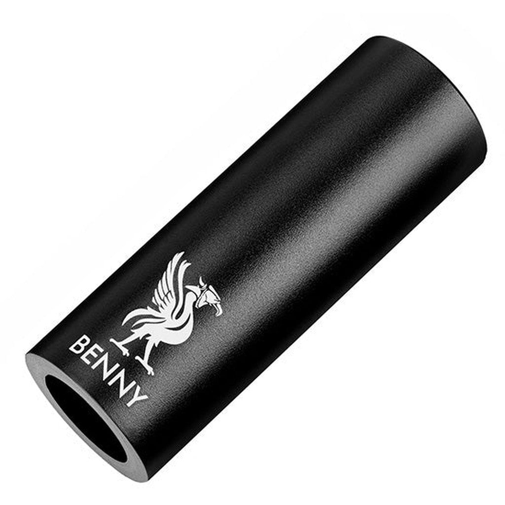 The Black cylindrical e-cigarette battery, known as the Animal Benny PC Peg Sleeve, features a sleek white winged horse logo and is encased in a durable nylon-based plastic sleeve.