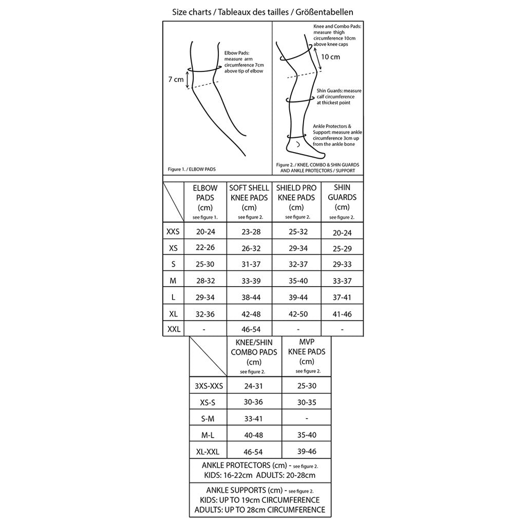 Sizing guide for elbow pads, knee pads, and shin guards featuring impact protection attributes. Measurements are provided in centimeters for sizes XXS through XL-XXL. Includes information on antibacterial lining and the GAIN Protection Pro Ankle Protectors for enhanced safety.