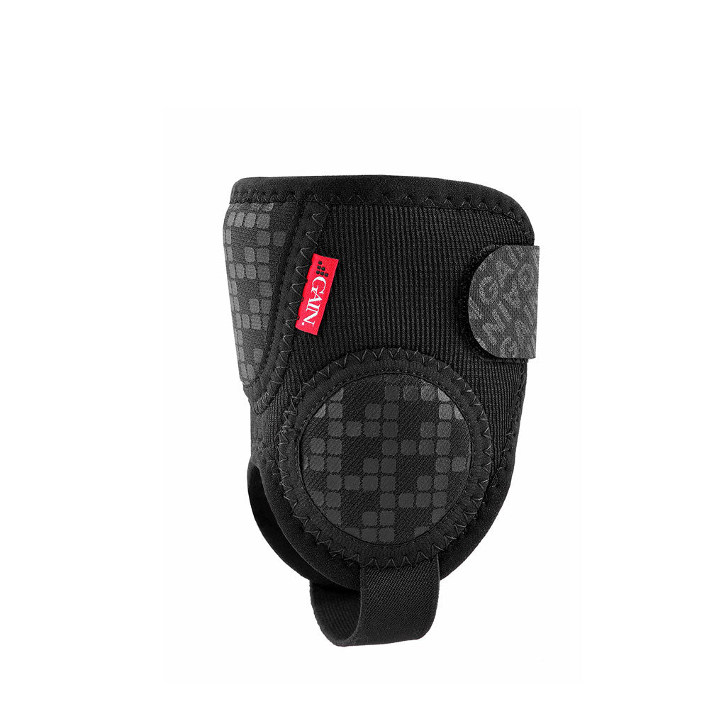 GAIN Protection Pro Ankle Protectors featuring a black grid pattern and adjustable strap, along with a red logo tag and impact protection for enhanced support.