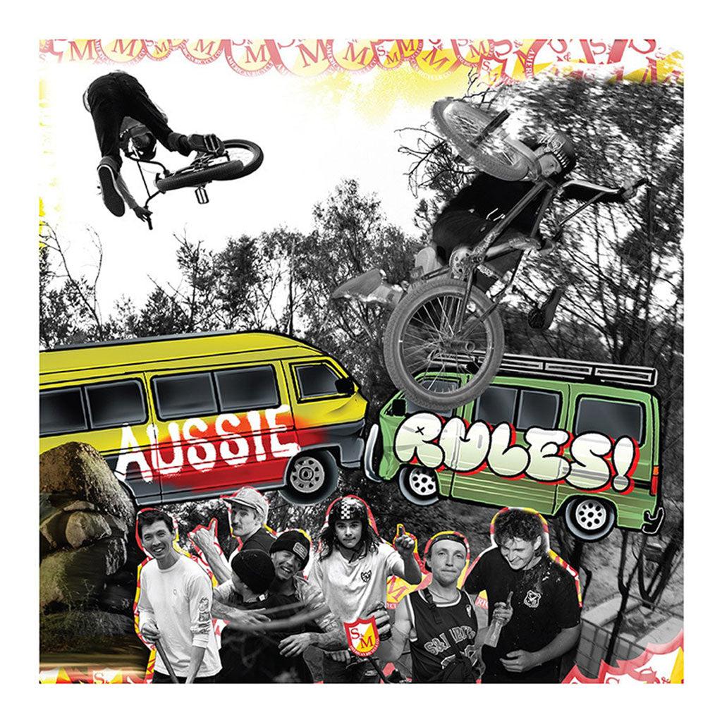 Collage showcasing exhilarating BMX stunts, a yellow and green van labeled "Aussie Rules!", and an energetic group of people. Trees and abstract designs flourish in the background, capturing the vibrant spirit of BMX in Australia, all featured in the S&M Aussie Rules DVD.