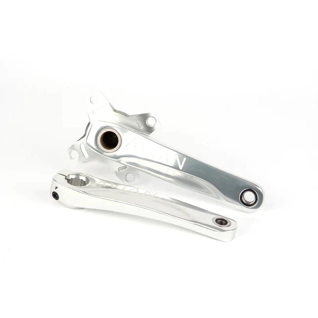 Two silver BMX race crankset arms with a simple design, one positioned horizontally and the other vertically, on a plain white background. Perfect for elite racers looking to upgrade their Avian Cadence 2pc Cranks setup.
