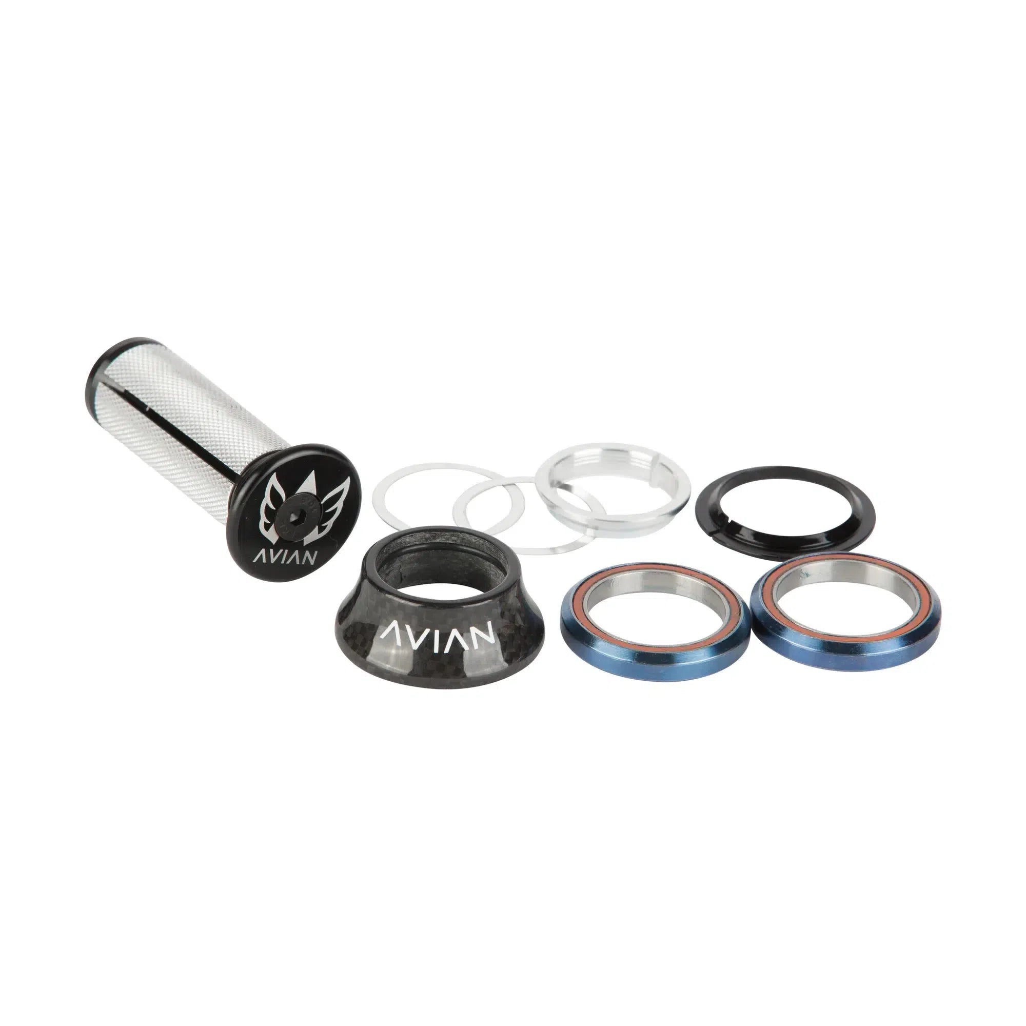 The Avian Carbon Integrated Headset 1-1/8 Inch is a lightweight set featuring black and blue components, including carbon fiber bearings, spacers, and a top cap labeled "AVIAN.