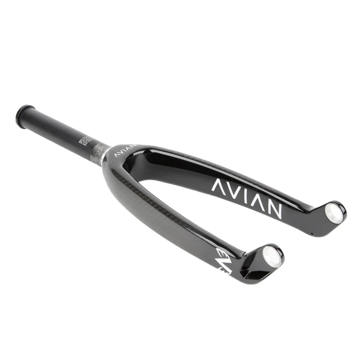 The Avian Versus Pro 20 Inch 20mm Carbon Fork, made with Toray carbon, displays the brand name in sleek white letters and includes a 20mm dropout for enhanced stability.